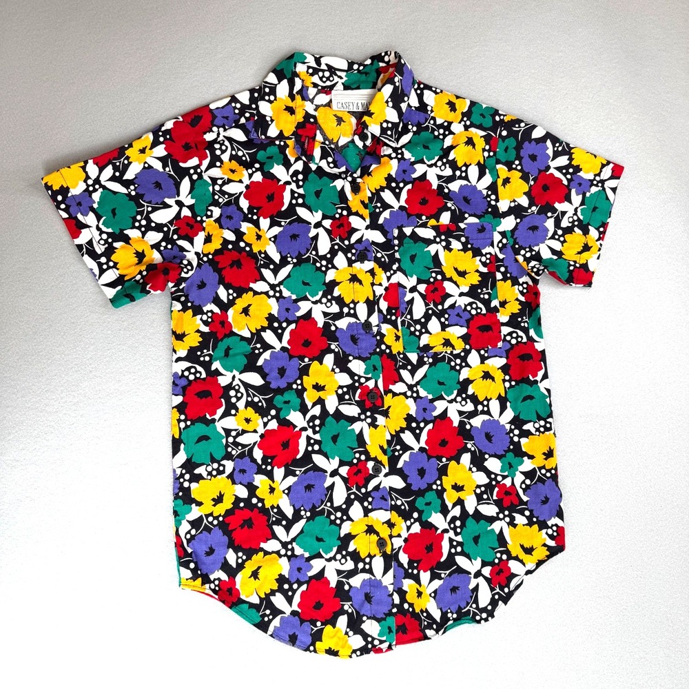 Vtg 80's Casey and Max Rainbow Floral Hawaiian Women's Shirt Artsy Cotton USA